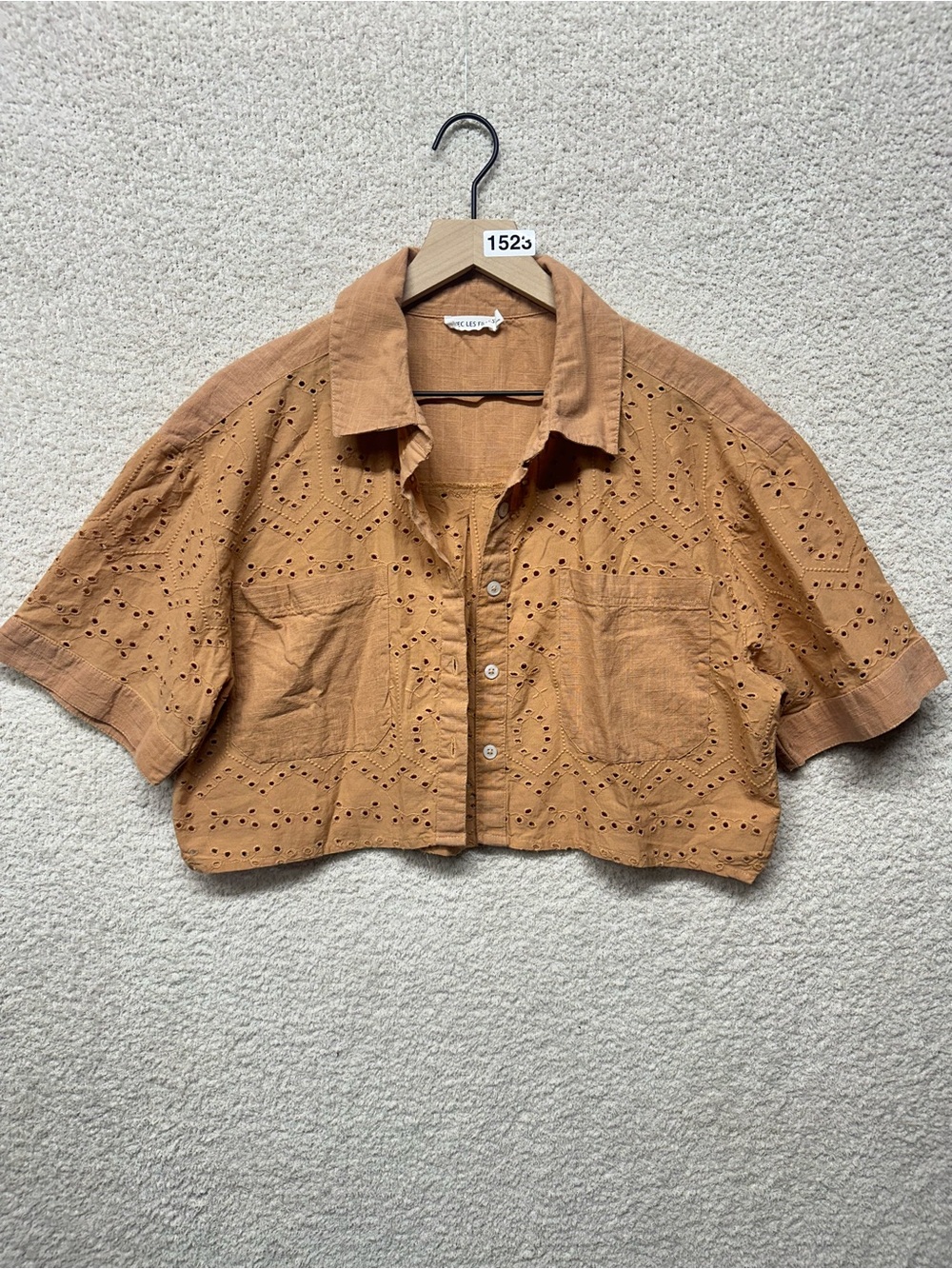 Avec Les Filles Eyelet Crop Button Front Shirt Jacket Tan Brown L Cottagecore